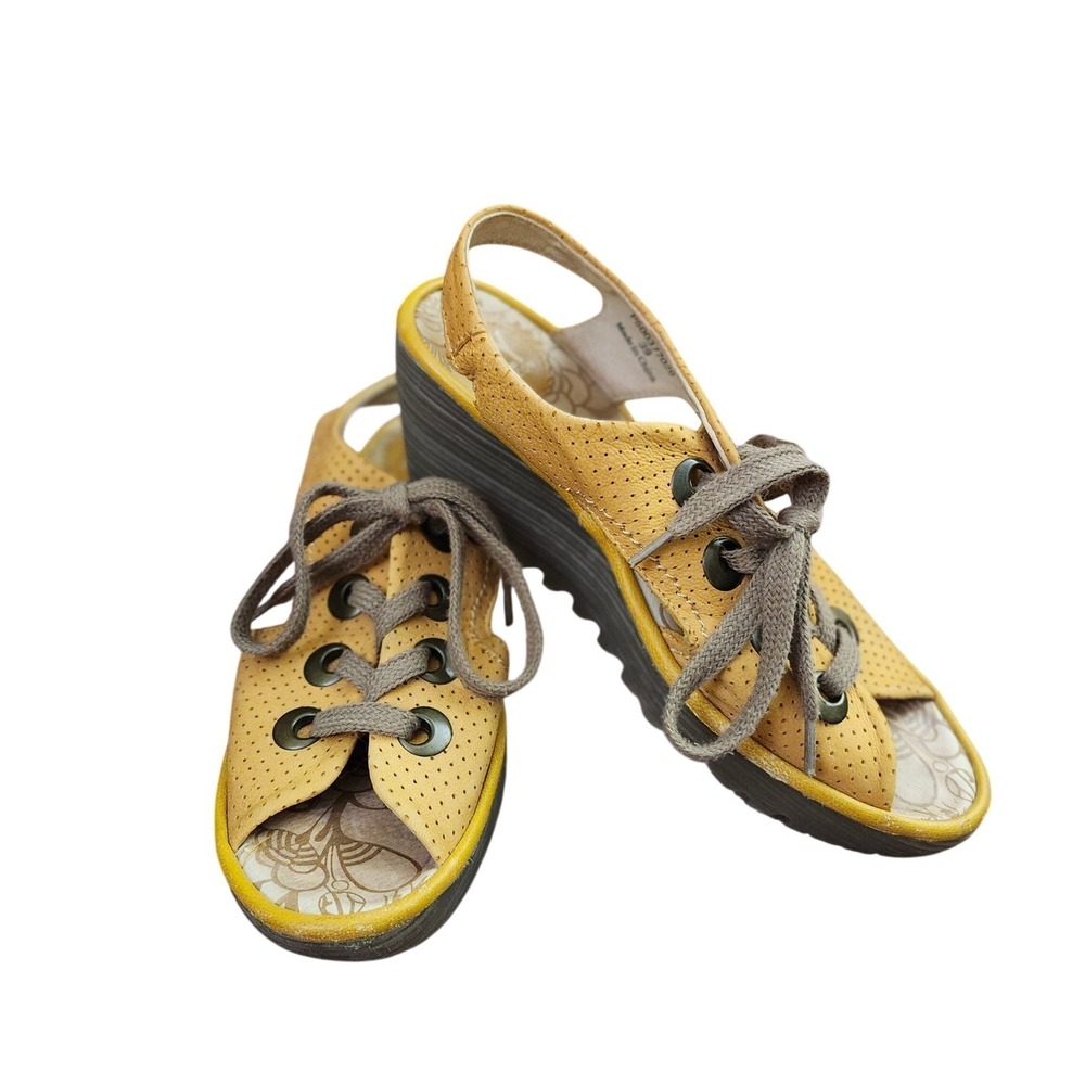 Fly London Yasi Mustard Yellow Perforated Leather Wedge Sandals‎ Size 39